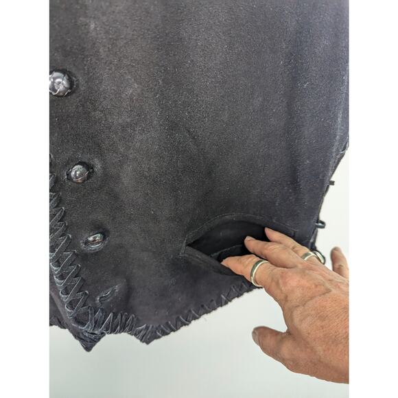 VTG Horizon Bloomingdales Black Suede Vest Lace Up Sides Cross Stitch XL NWT - Picture 6 of 9